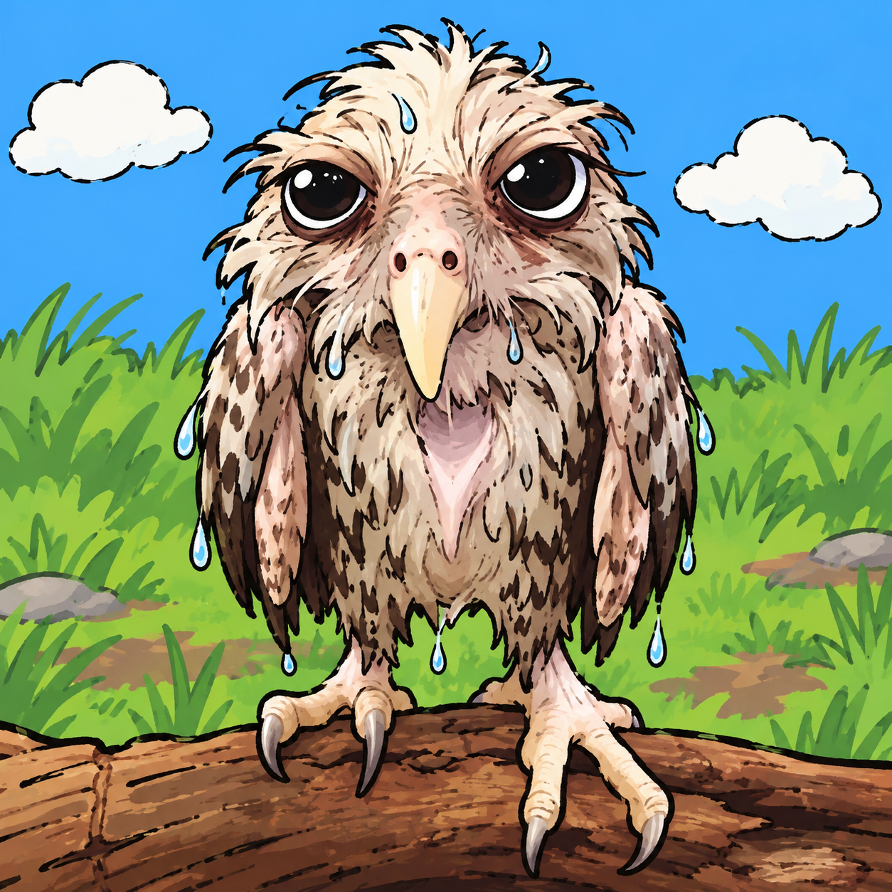 A disheveled, dripping wet owl standing on a branch under a blue sky